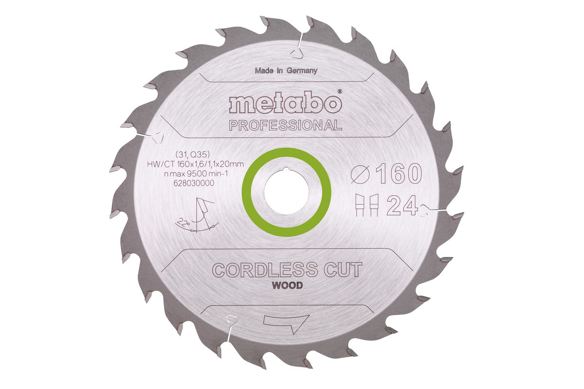 Lame de scie circulaire pour bois Metabo 160x20/16 mm 24 dents 22° pour scies plongeantes et circulaires sur batterie