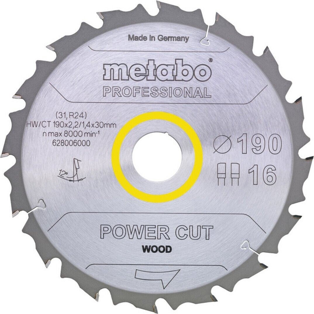 Lame de scie circulaire Power Cut Wood Professional 190x2,2/1,4x30, Z16 FZ/FA 12° - Metabo
