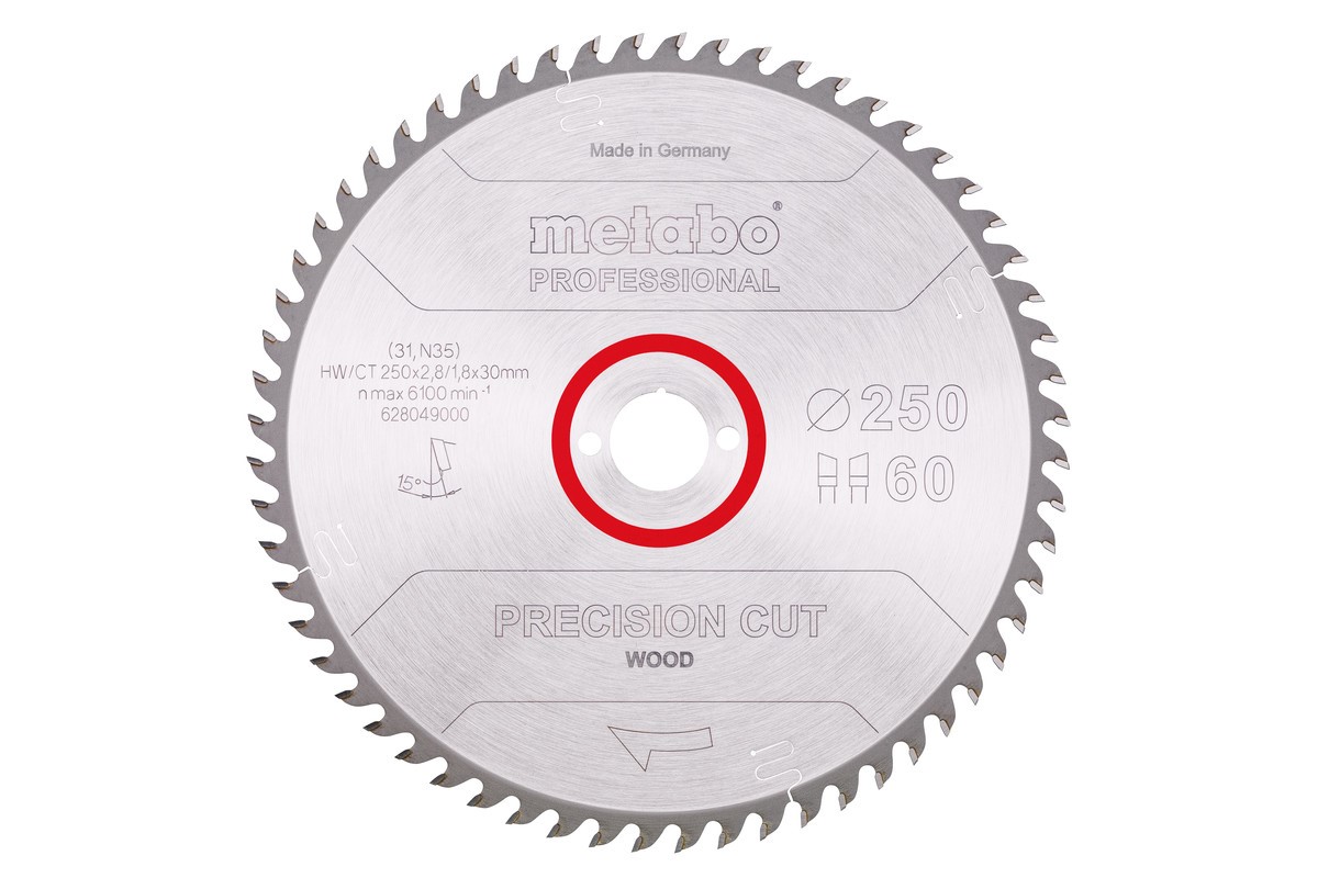 Lame de scie circulaire pour bois Metabo Precision Cut 250x30 mm 60 WZ 15° pour scies à table et scies à onglet