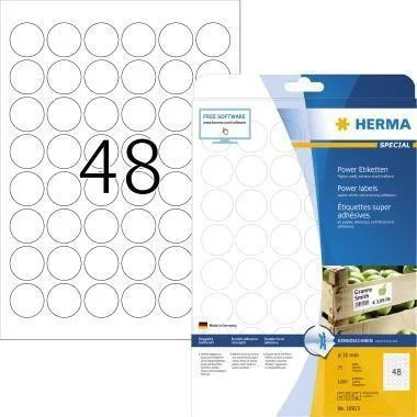 Étiquette HERMA 10915 Power 30 mm, ronde, blanche - 1200 pièces/paquet — lot de 1200