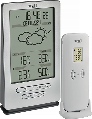 Station météo radio TFA XENA, H145 x L82 x P47 mm, argentée, pour intérieur/extérieur