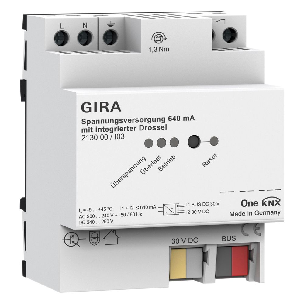 Alimentation électrique Gira 640 mA avec self intégrée, KNXREG, 213000