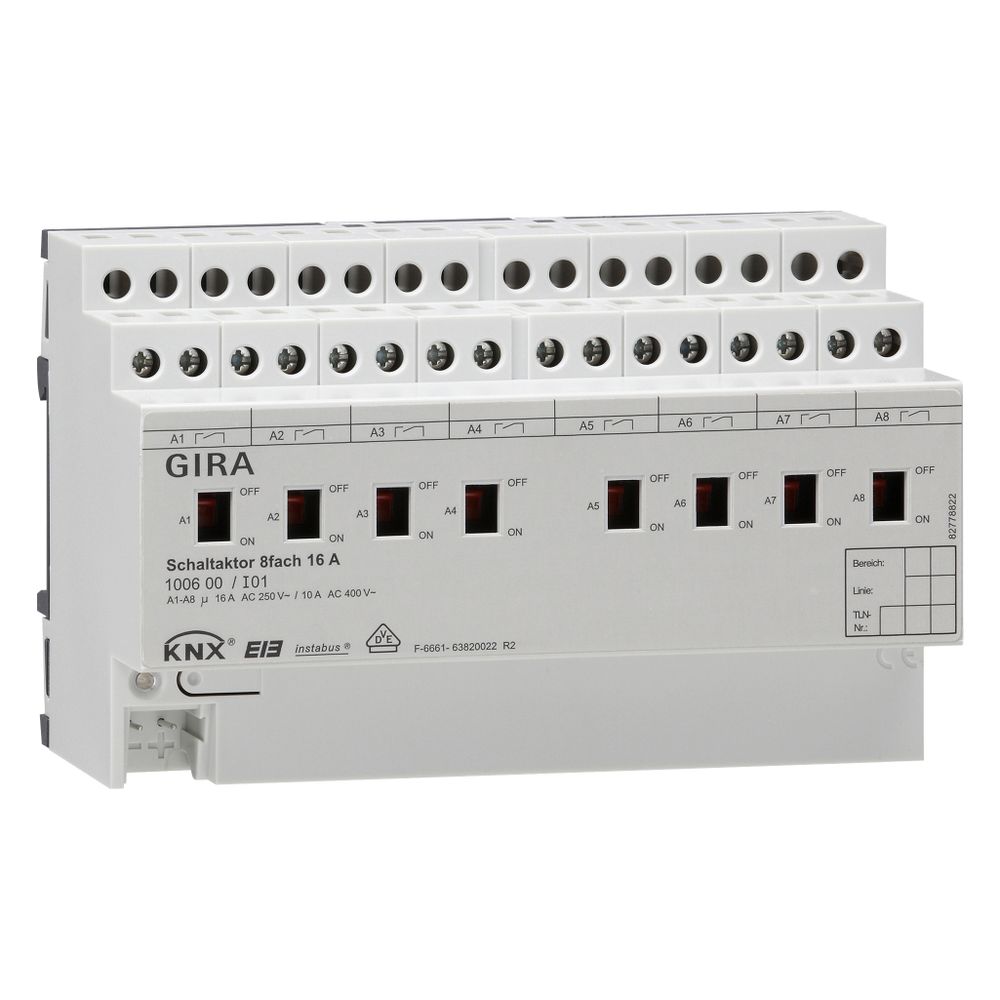 Gira 100600 Actionneur KNX de commutation, 8 canaux 16 A, avec commande manuelle