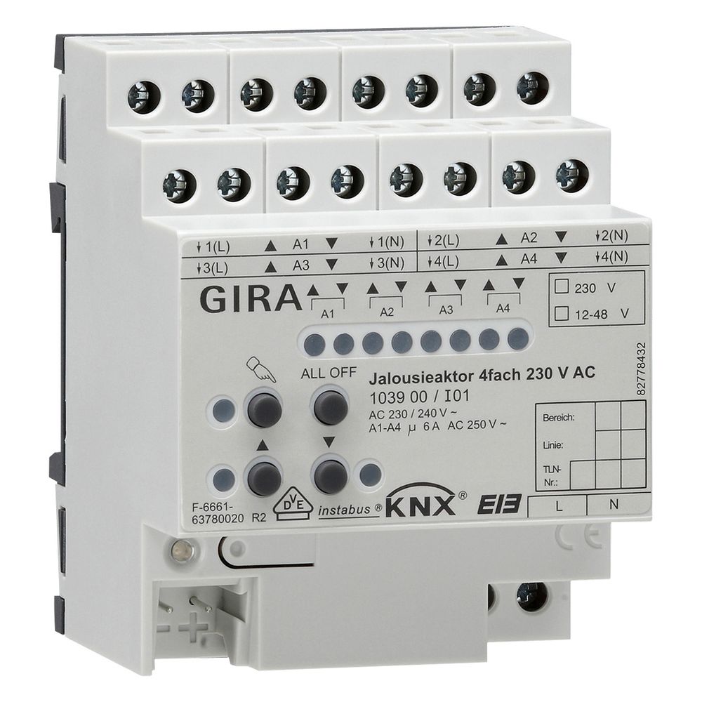 Actionneur de stores Gira 4 canaux, 230 V AC, REG, avec commande manuelle, 103900