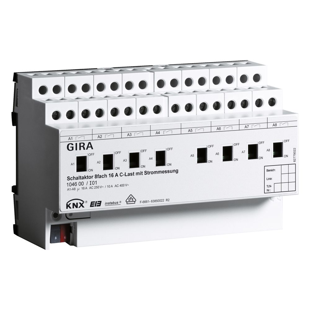 Actionneur de commutation Gira 8 voies 16 A charges C, commande manuelle, mesure de courant, KNX, REG, 104600