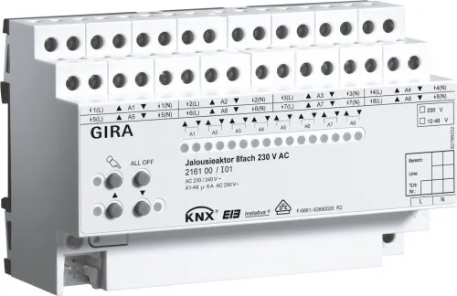 Gira 216100 Actionneur de stores KNX, 8 canaux, 230 V AC / 12–48 V DC, avec commande manuelle