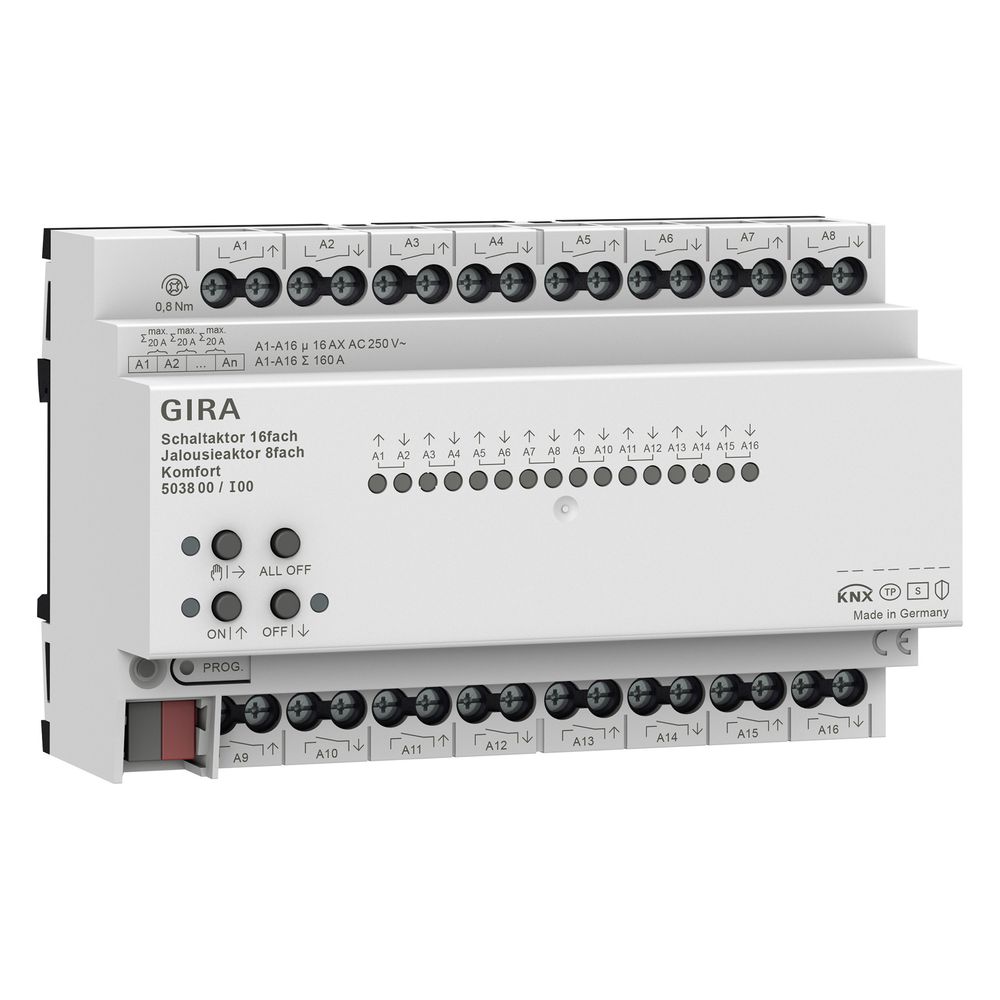 Actionneur Gira Schalt-/Jalousieaktor 16f/8f 16A REG Comfort, KNX Secure, 503800
