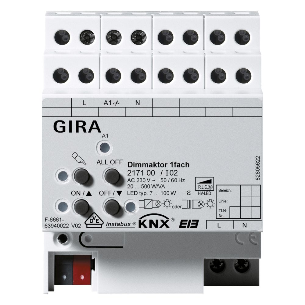 Gira 217100 Actionneur de gradation KNX, 1 canal, 20–500 W/VA, 4 modules