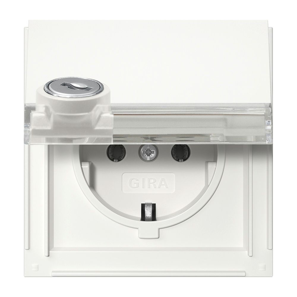 Prise de courant à contact de protection Gira TX 44 avec couvercle rabattable, serrure et champ de marquage, 16 A 250 V, blanc pur, 446766