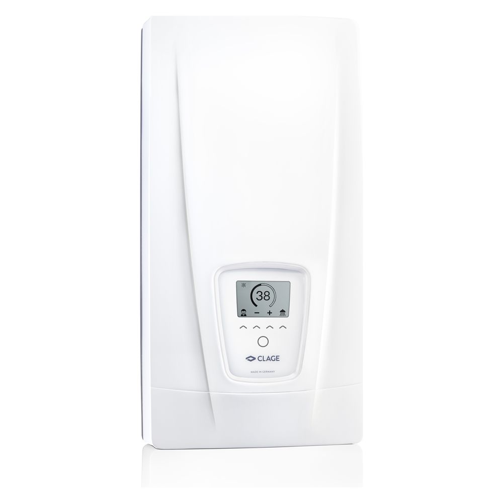 Chauffe-eau instantané CLAGE DEX Next 18-27 kW 400V débit réglable 9,2-13,8 l/min avec écran E-Paper en verre réel, MPS, TTC et IES