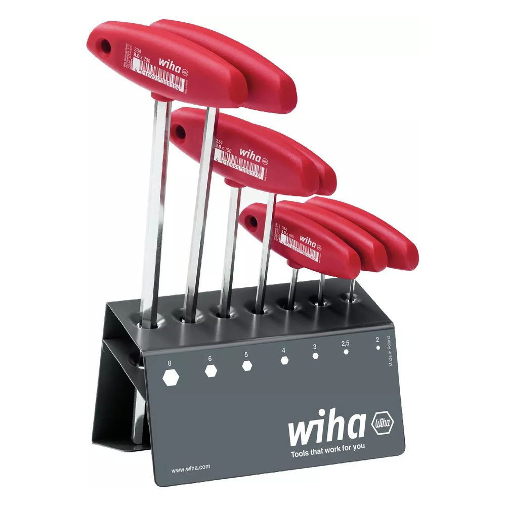 Jeu de clés à six pans Wiha avec poignée transversale, 7 pièces, finition nickel brillant, avec support de banc d'outillage
