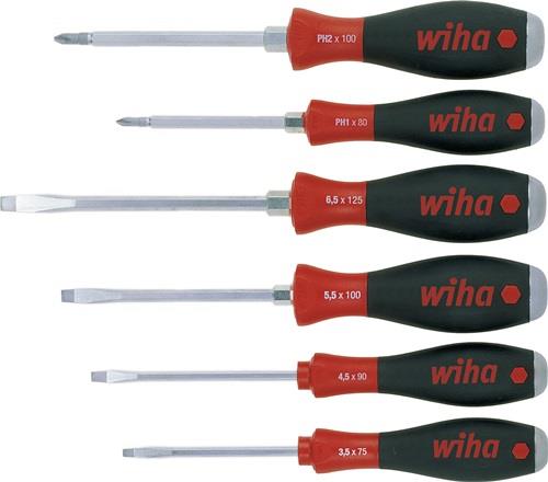 Tournevis SoftFinish Wiha, fente et Phillips, jeu de 6 avec lame hexagonale continue et capuchon en acier massif