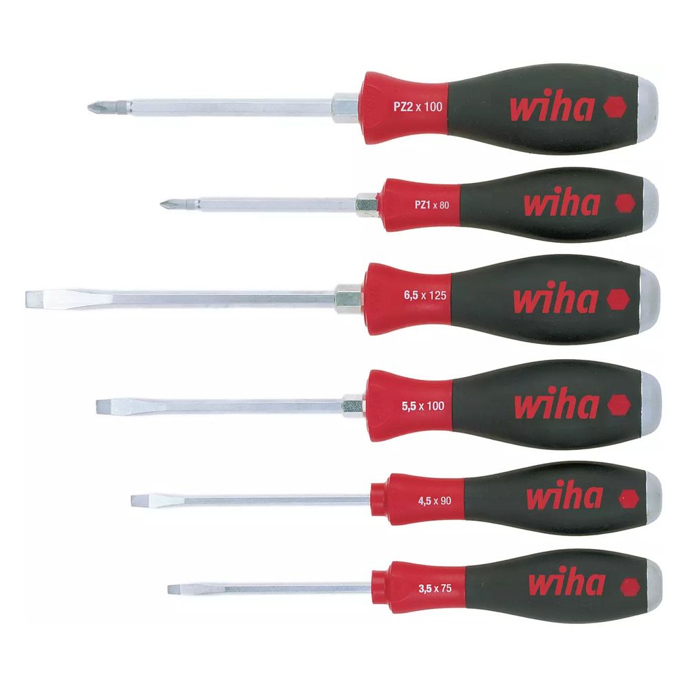 Jeu de tournevis Wiha SoftFinish® fente et Pozidriv, 6 pièces, avec lame hexagonale continue et capuchon en acier massif