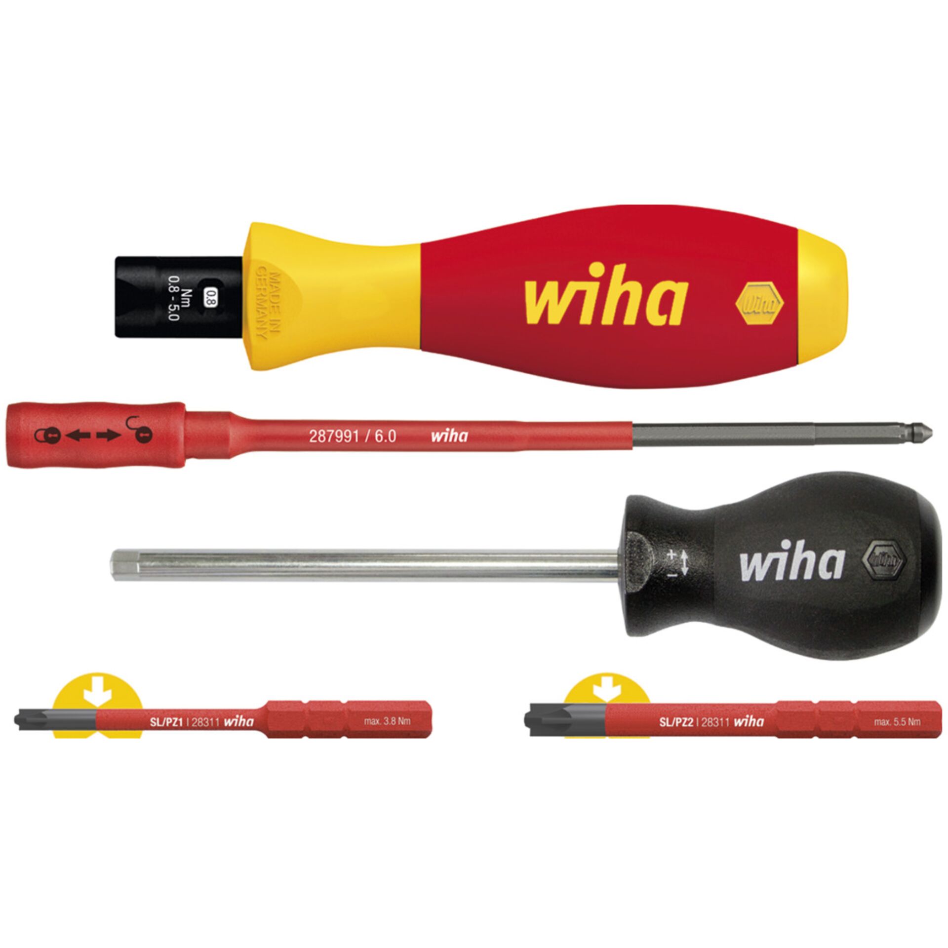 Jeu de tournevis dynamométriques Wiha TorqueVario®-S electric 0,8-5,0 Nm PlusMinus/Pozidriv 5 pièces (38074)