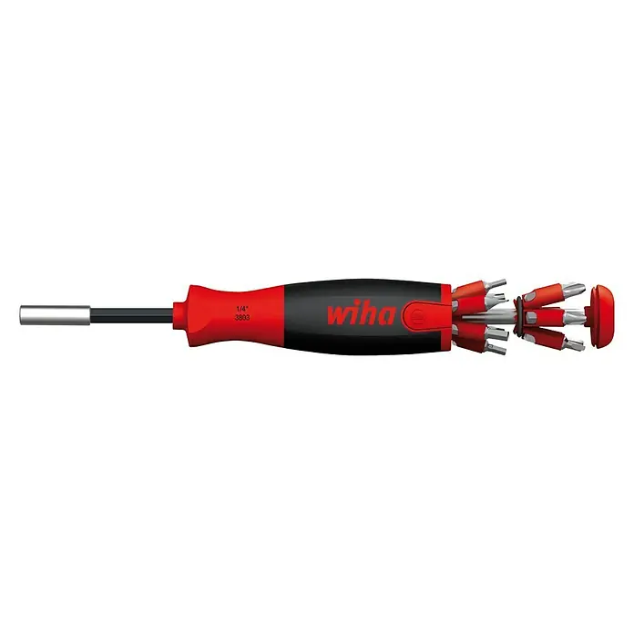Tournevis avec magasin à bits Wiha LiftUp 25 magnétique, assorti de 12 bits, 1/4 de pouce, en emballage carton SB