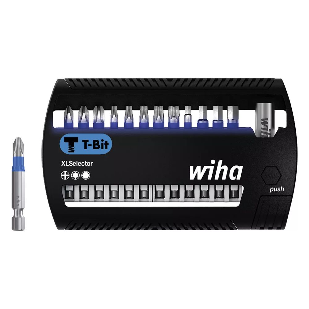 Jeu de mèches XLSelector T-Bit Wiha 50 mm Phillips, TORX, hexagone - Set 13 pièces 1/4" E6,3