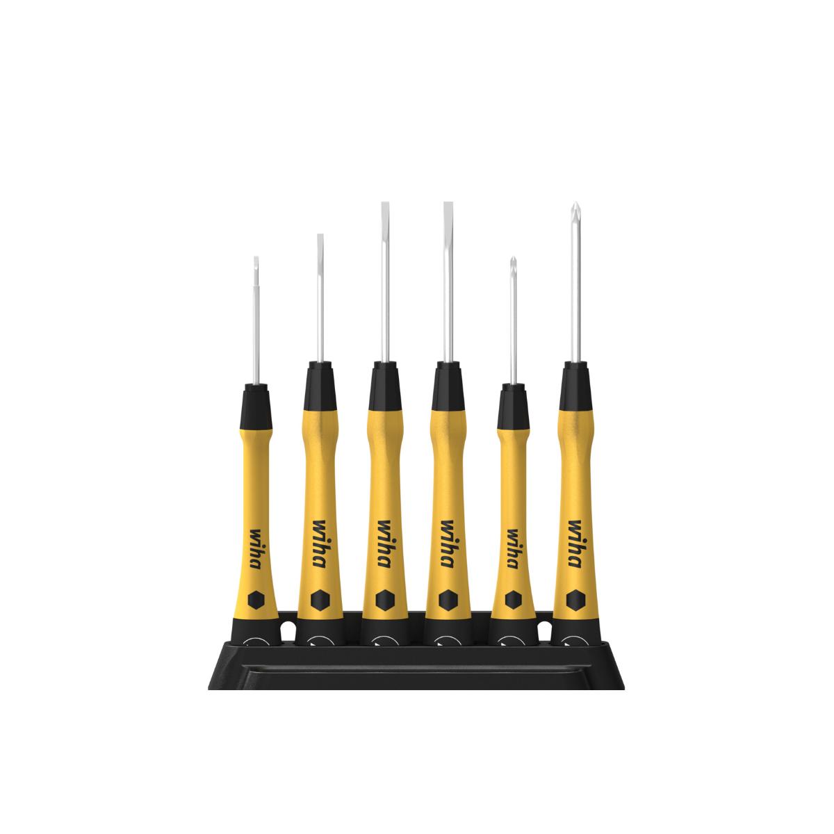 Set de tournevis fins PicoFinish ESD Wiha, fente et Phillips, 7 pièces avec porte-outils
