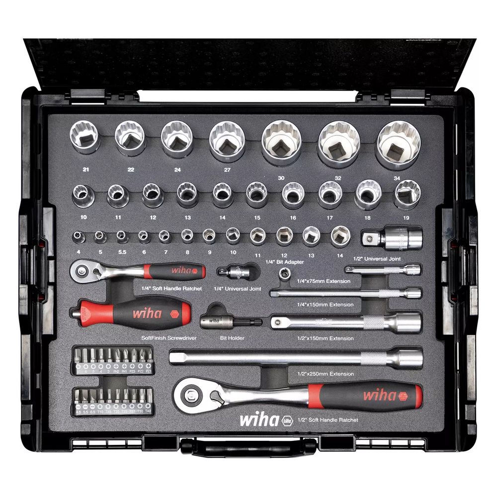 Jeu de clés à douille et de mèches Wiha 1/4" et 1/2" 60 pièces inclus coffret L-Boxx (44685)