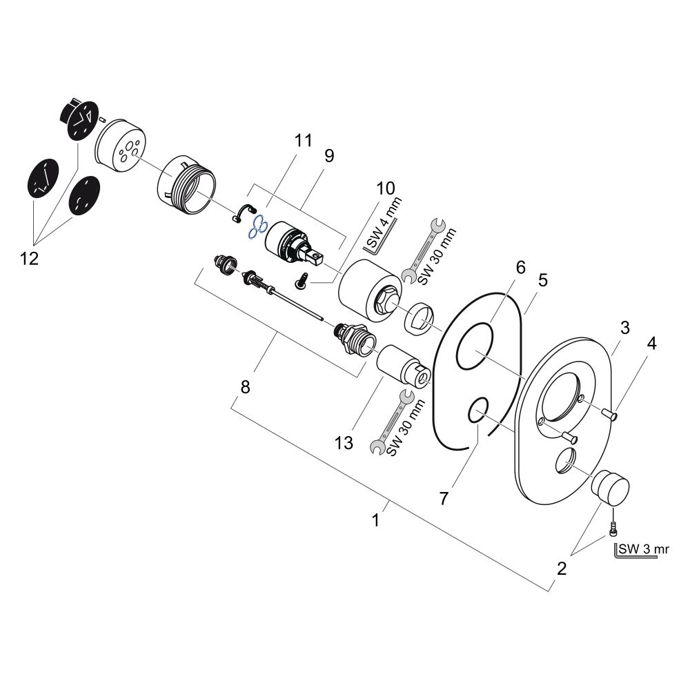 Kit de conversion Hansgrohe chromé pour passer de cartouche à bille à cartouche M3 pour mitigeur encastré baignoire (80 mm)