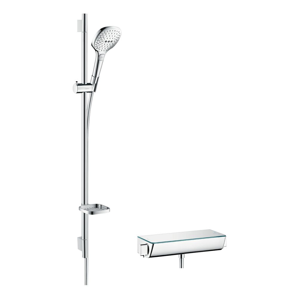 Système de douche Hansgrohe Raindance Select E apparent, 14,4 l/min, 120 3 jets, mitigeur thermostatique Ecostat Select, barre de douche 90 cm, blanc/chromé