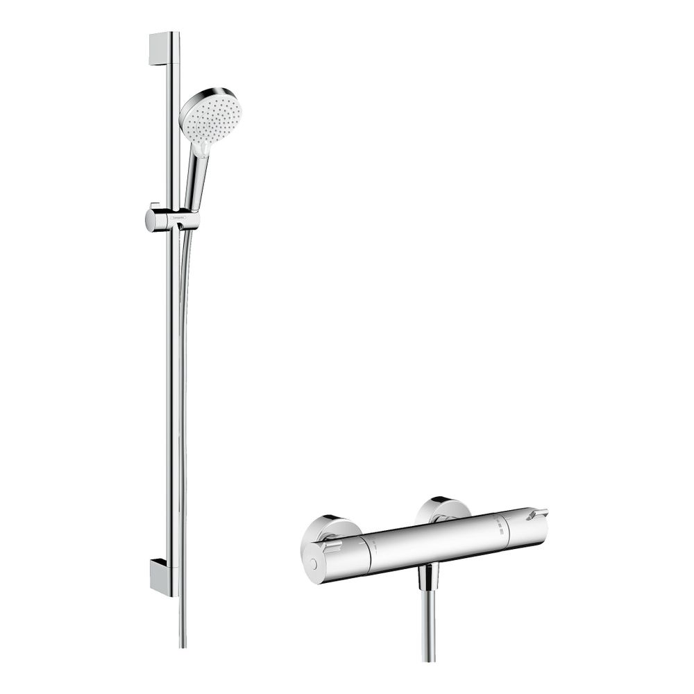Hansgrohe Système de douche Crometta encastré, 13,8 l/min, Vario, mitigeur Ecostat 1001 CL, barre de douche 90 cm, blanc/chrome