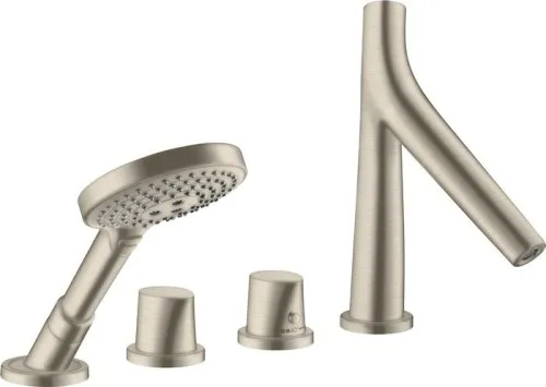Robinetterie de baignoire 4 trous AXOR Starck Organic DN15 avec mitigeur thermostatique, finition brossé nickel
