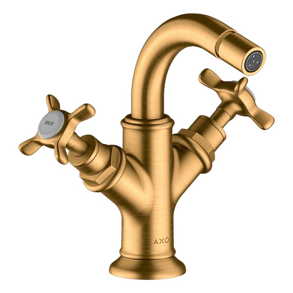 Robinetterie de bidet Axor Montreux à deux poignées, 7,5 l/min, poignées en croix, évacuation par tige de traction, finition or brossé