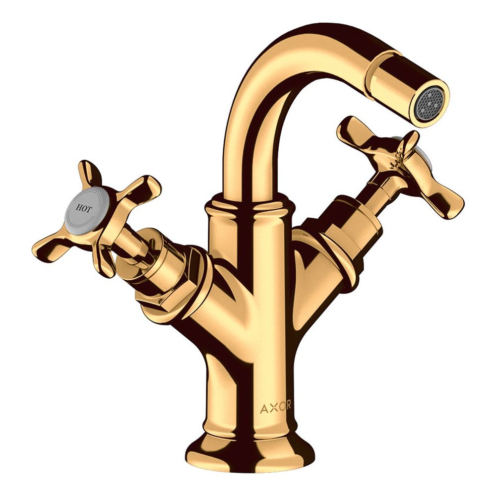 Robinetterie de bidet AXOR Montreux 2-poignées, 7,5 l/min, poignées en croix, évacuation par tige, finition Or poli