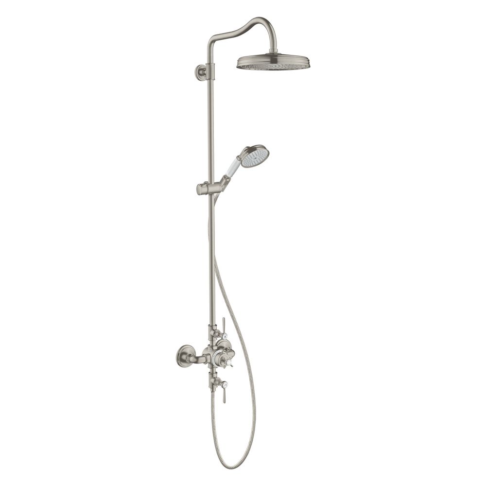 Colonne de douche Hansgrohe AXOR Montreux, mitigeur thermostatique, pommeau fixe 240 mm, 14 l/min, 1 jet, DN 15, finition Edelstahl Optic