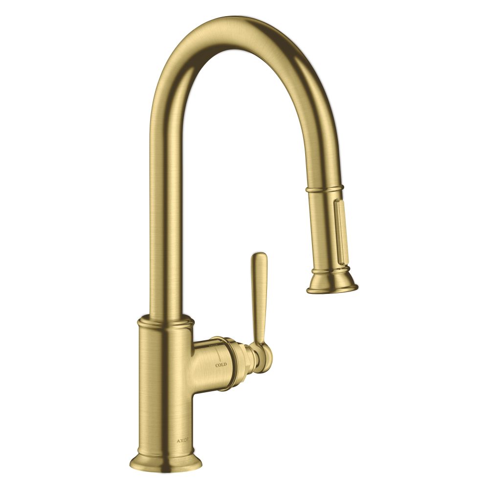 Mélangeur de cuisine AXOR Montreux monocommande Hansgrohe 180 mm, 9 l/min, pommeau extractible, laiton brossé