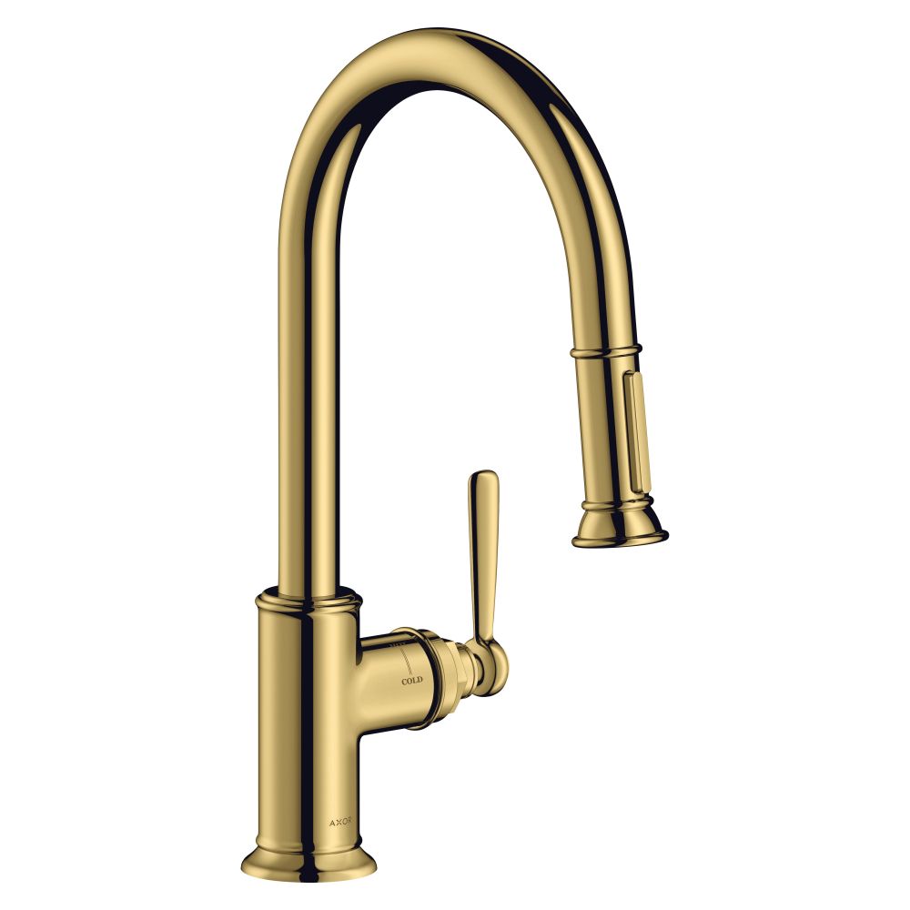 Mélangeur de cuisine monocommande Hansgrohe AXOR Montreux 180 mm, 9 l/min, douchette escamotable, finition Or poli