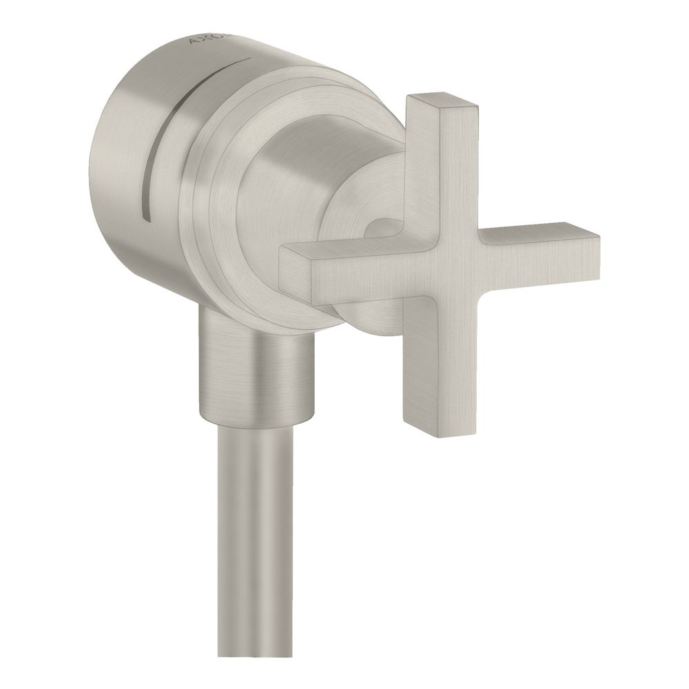 Raccord de flexible AXOR CITTERIO FIXFIT STOP finition inox brossé DN 15, avec vanne d'arrêt et poignée en croix avec clapet anti-retour AXOR