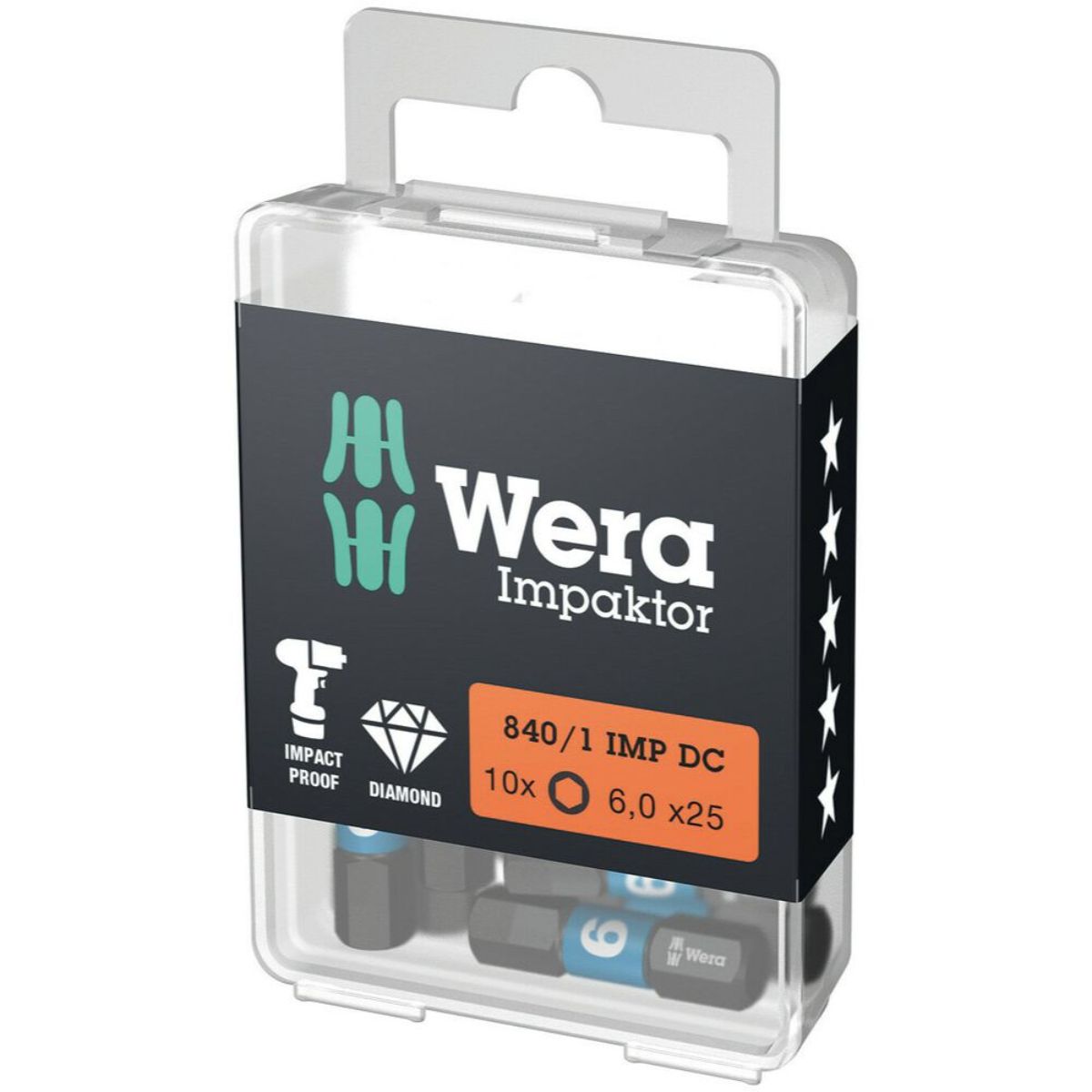 Jeu de mèches hexagonales Wera 840/1 IMP DC Hex-Plus DIY, 6 x 25 mm, 10 pièces — lot de 10 pièces