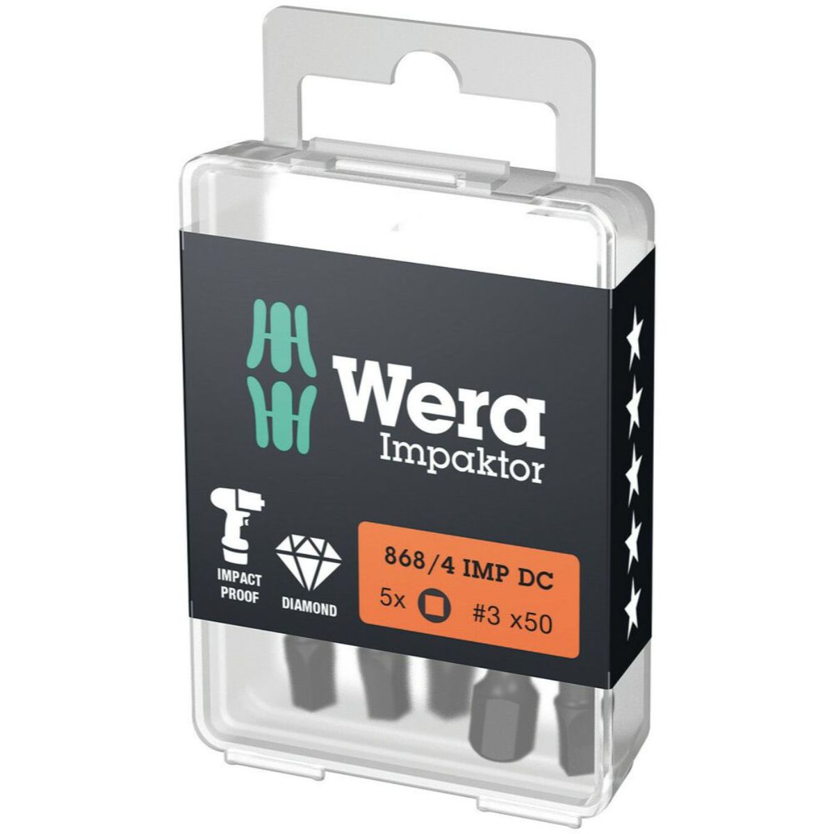 Wera 868/4 IMP DC Bits d'impact à profil carré intérieur DIY, # 3 x 50 mm, coffret de 5
