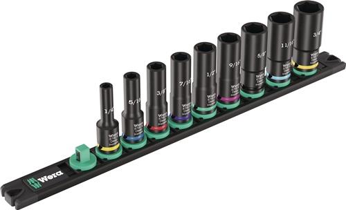 Jeu de douilles magnétiques Wera 9661 Nuss-Magnetleiste B Impaktor Deep Imperial 1, entraînement 3/8", set de 9 pièces