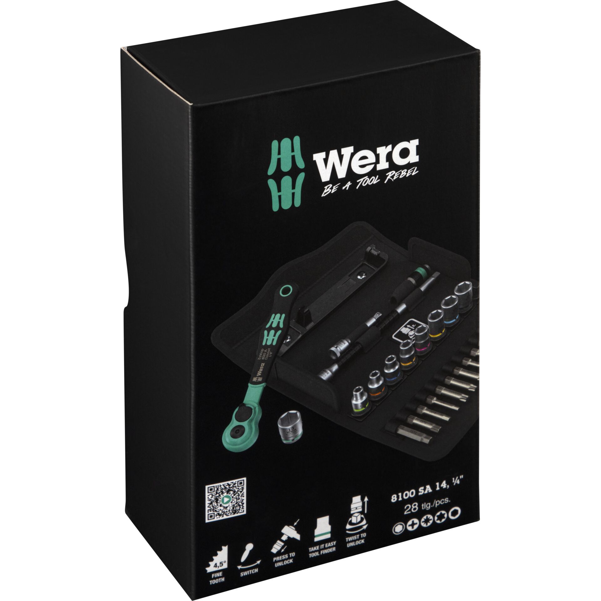 Jeu de douilles 28 pièces Wera 8100 SA 14 Zyklop Comfort, levier de changement de vitesse, entraînement 1/4", métrique