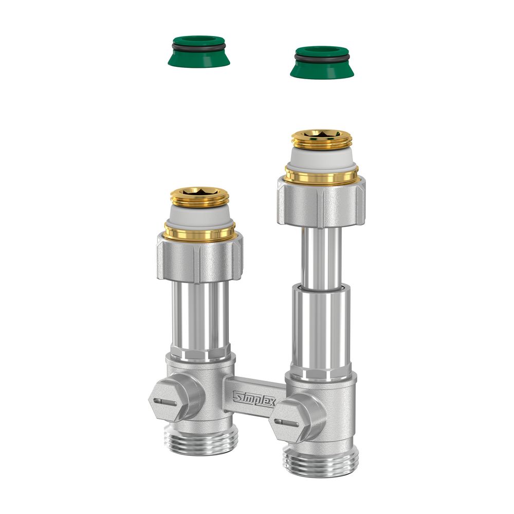 Bloc de robinets droit télescopique Flamco Exclusiv DT/50 G 3/4" F x G 3/4" M, avec nipple et cône, laiton nickelé