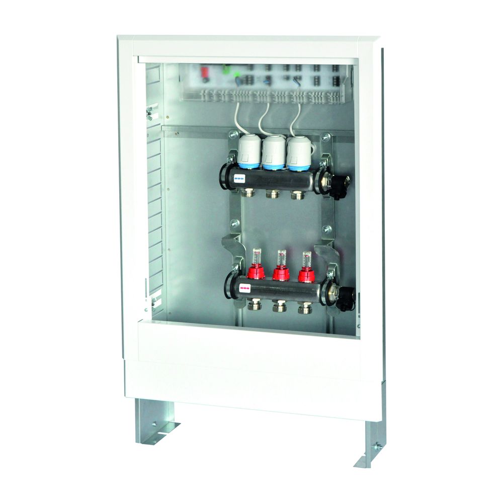 Distributeur Flamco pour plancher chauffant, 12 circuits de chauffage avec régulation, pré-monté dans armoire encastrée