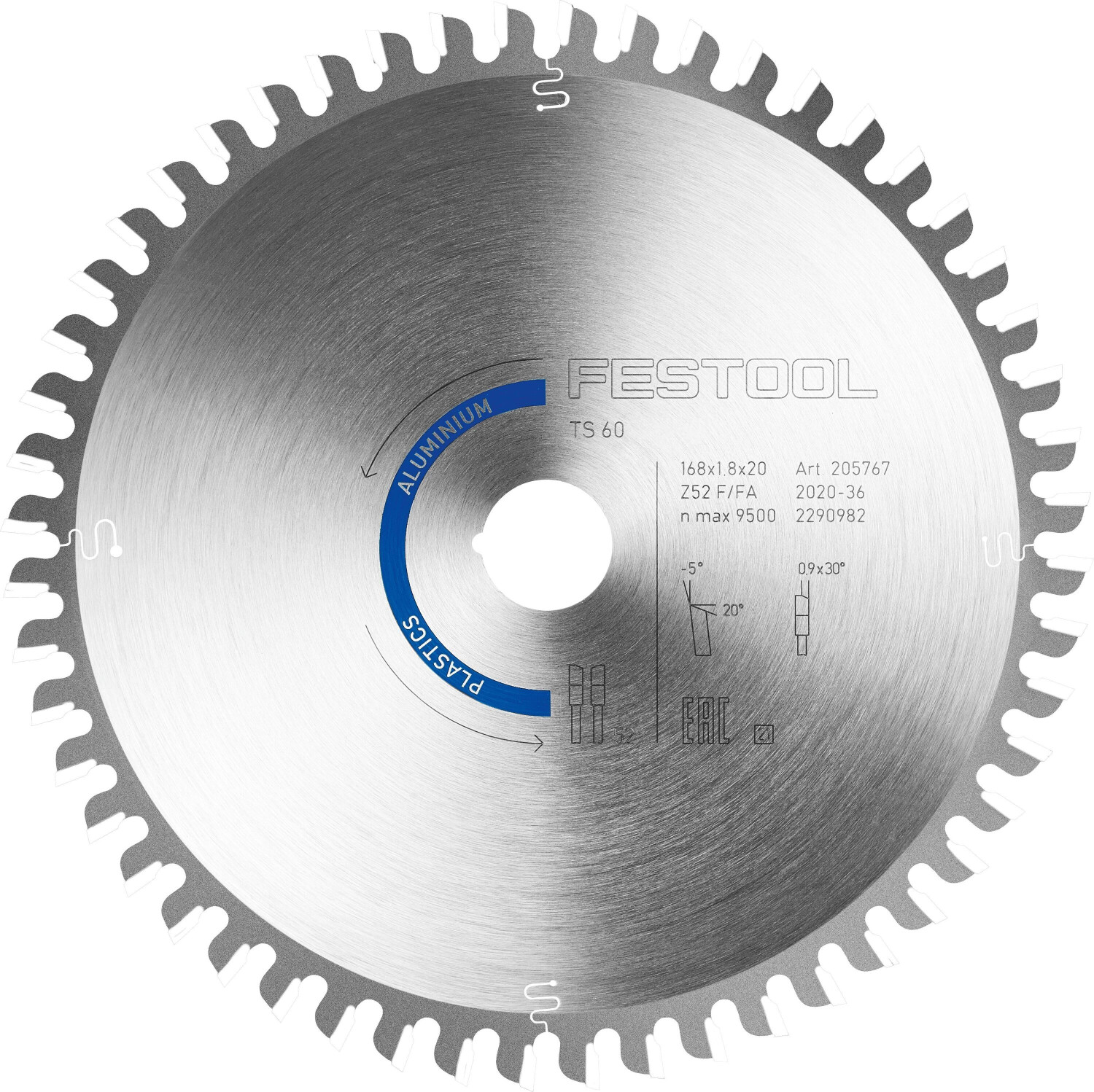 Lame de scie circulaire Festool HW 168x1,8x20 F/FA 52 pour aluminium/plastiques