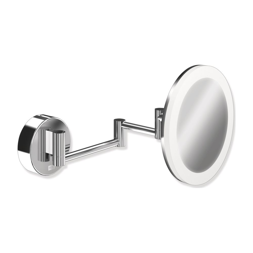 Miroir de maquillage LED HEWI rond chromé avec 5x grossissement et éclairage Dual Light