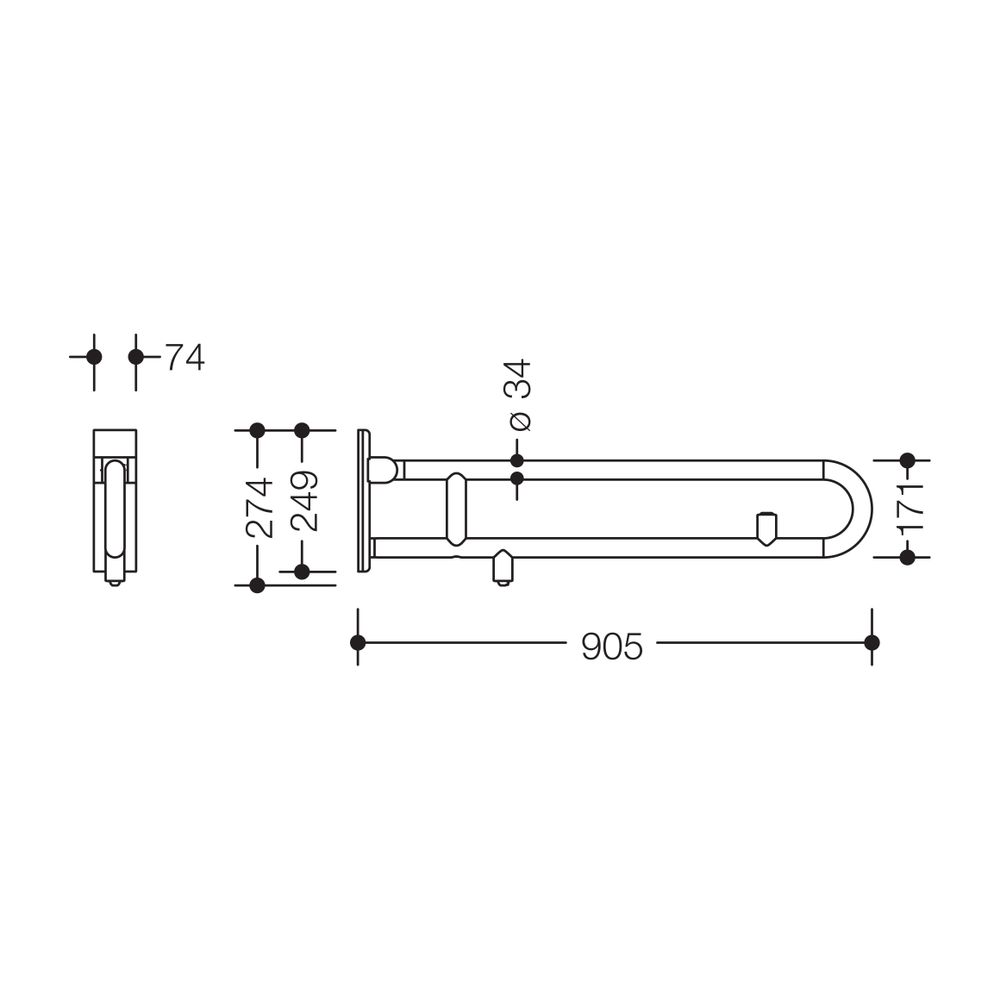 HEWI poignée rabattable mobile Série 805C, version E pivotante, chasse d'eau WC, acier inoxydable, L 900 mm, 805.50.571