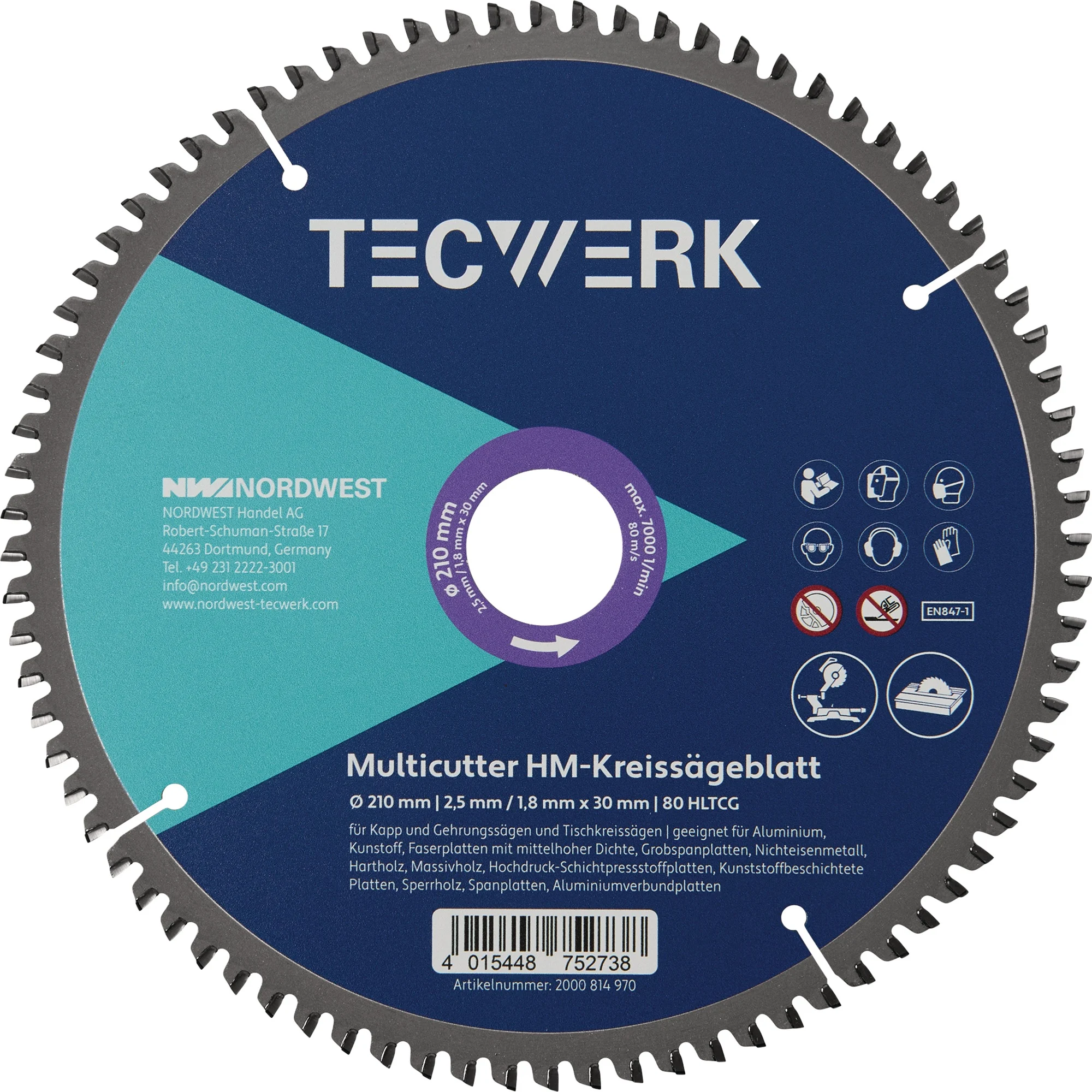 Lame de scie circulaire AD 254 mm 96 dents HLTCG épaisseur de coupe 3,2 mm TECWERK