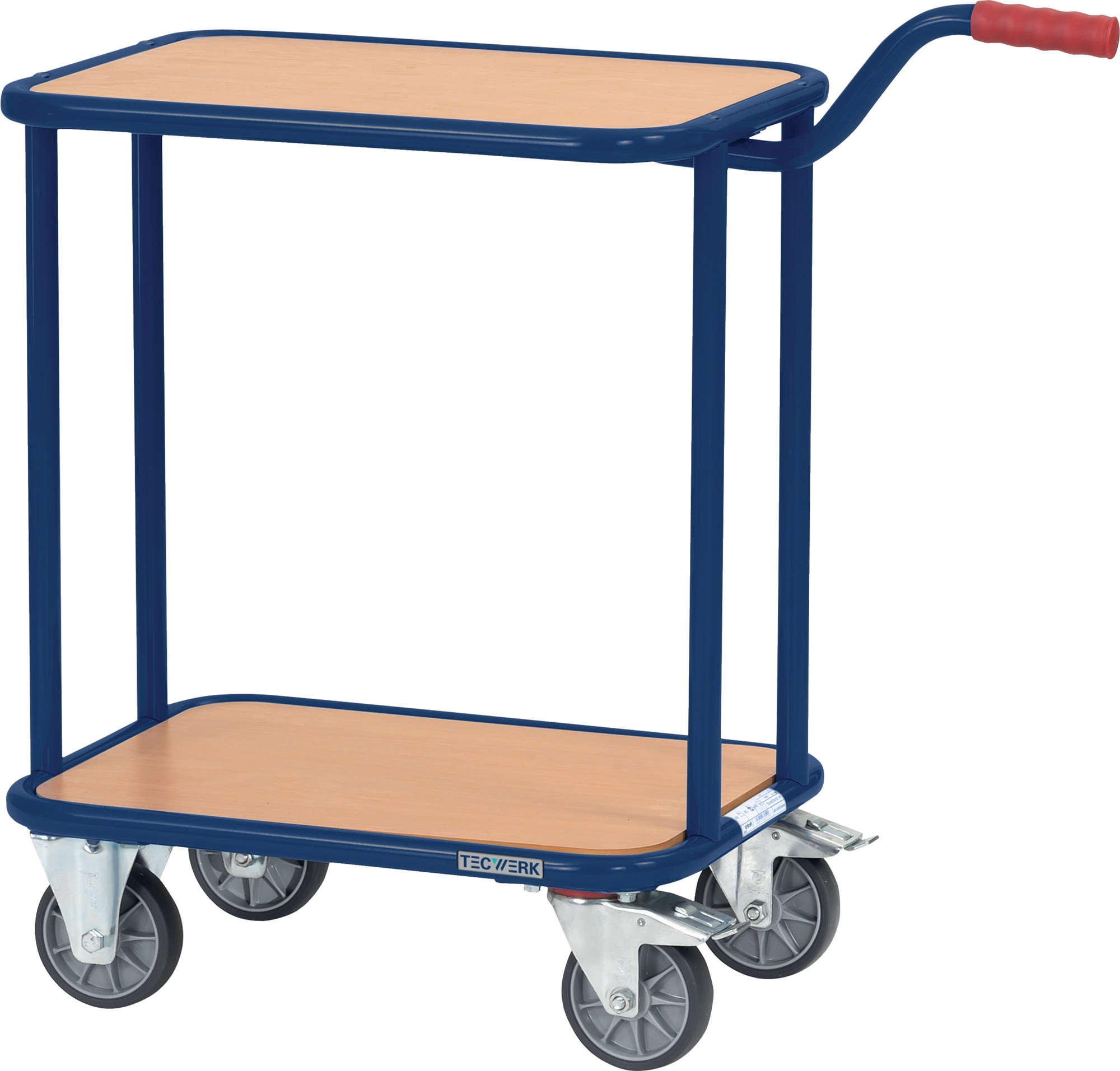 Chariot à roulettes L600xB450mm, 2 plateaux en bois, bleu saphir, charge 250 kg TECWERK
