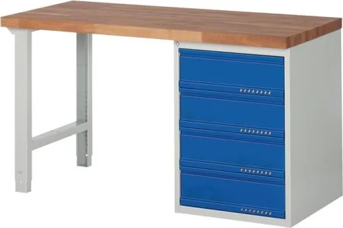 Tecwerk Établi Série BK 650 B 1500 x P 700 x H 840 mm Hêtre massif gris/bleu 4 tiroirs