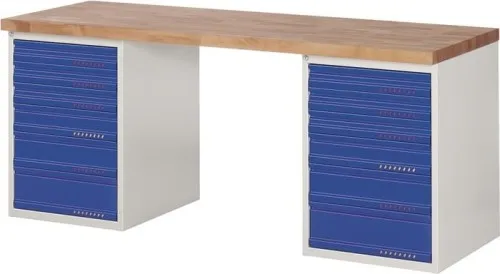 Établis Ser.BK 650 B2000xT700xH840 mm hêtre gris clair/bleu 12 tiroirs