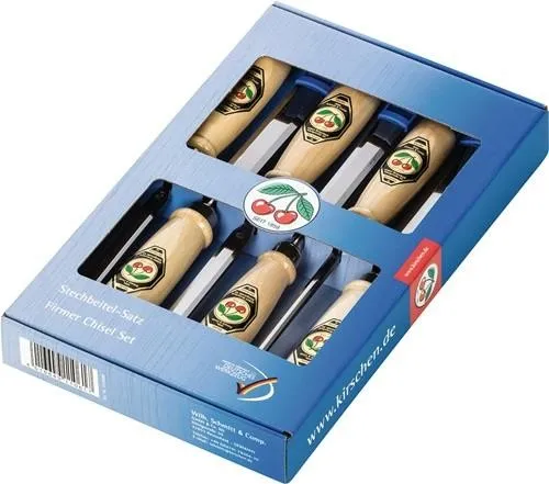 Jeu de ciseaux à bois Kirschen 6, 10, 12, 16, 20, 26 mm, manche en hêtre blanc forme d'Ulm 6 pièces coffret