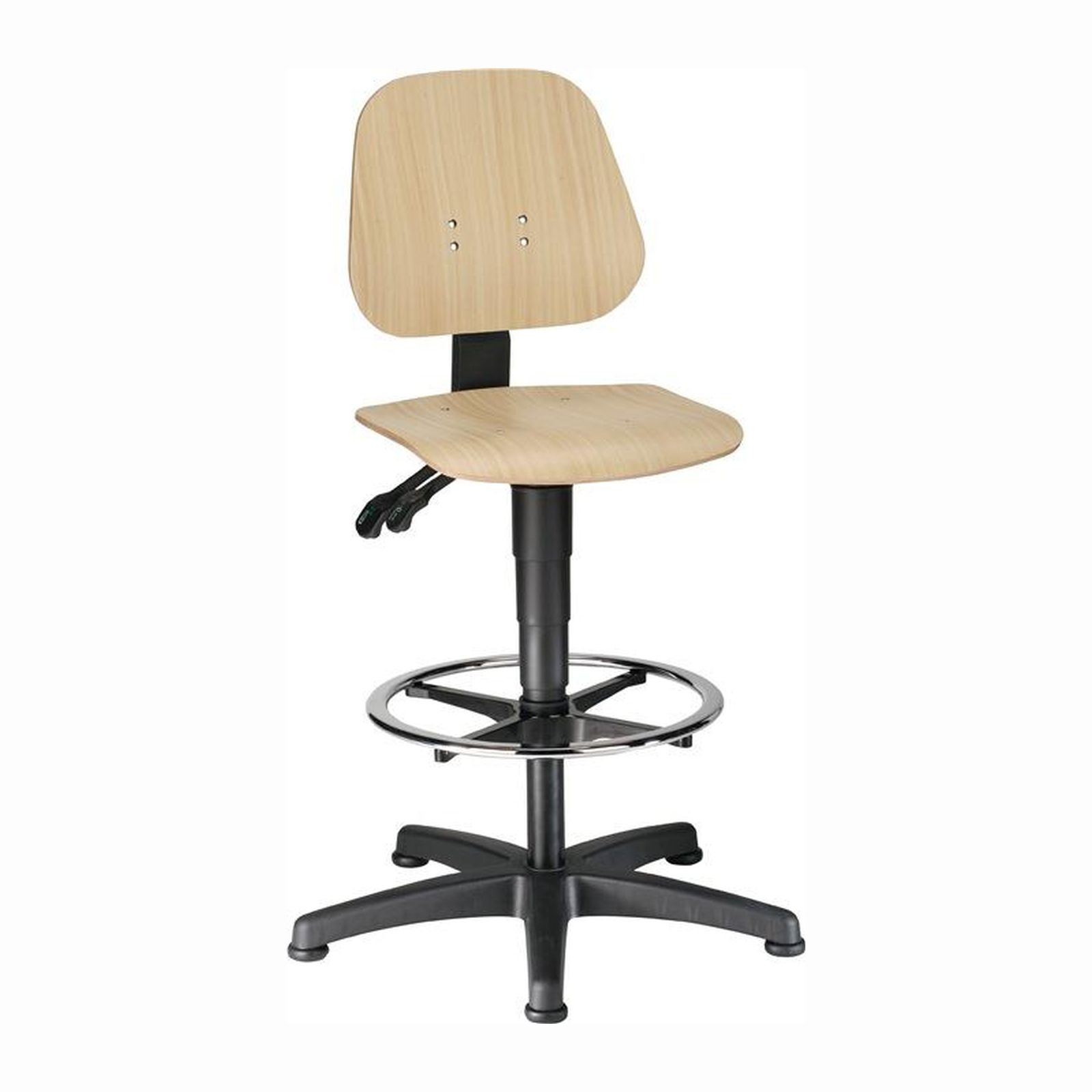 Siège de travail pivotant Bimos Unitec avec patins de sol et bague de pied, hêtre, plage de réglage 580–850 mm