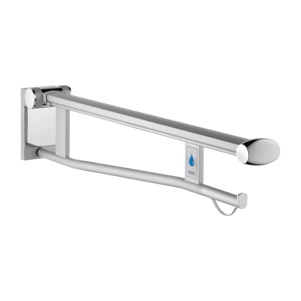Keuco Plan Care Poignée d'appui rabattable WC, version droite, avec déclenchement sans fil de la chasse d'eau, 850 mm, rabattable, argent anodisé/gris clair