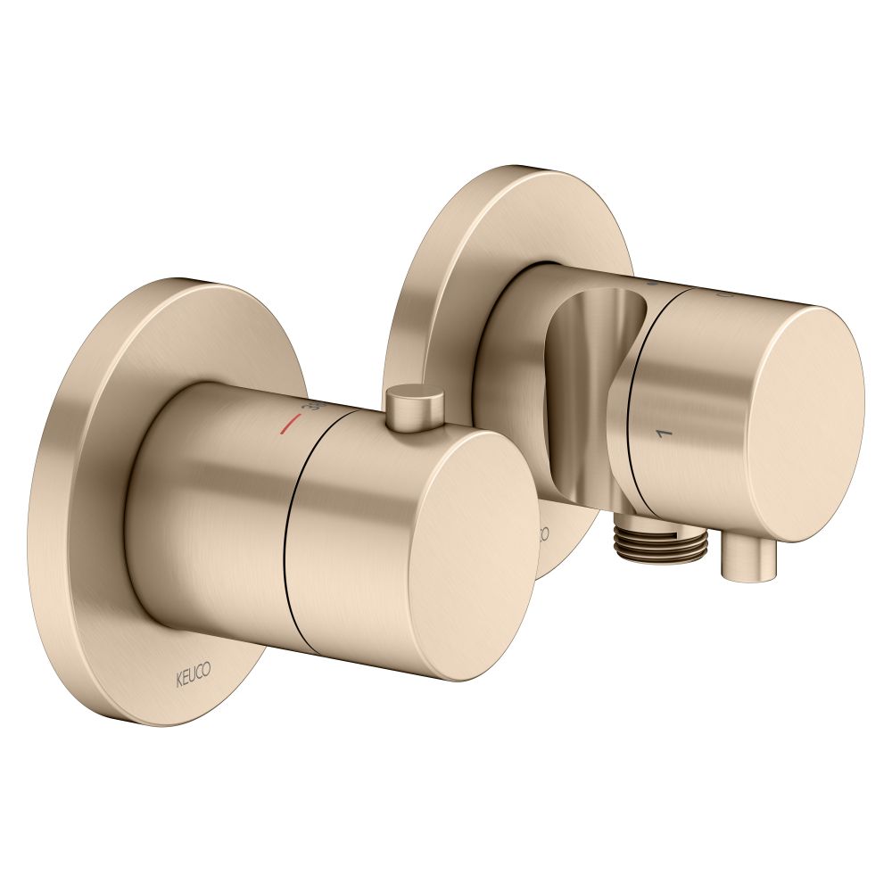 Set de robinetterie thermostatique Keuco Edition 400 encastrée 2 voies, avec raccord flexible et support de pommeau, bronze brossé