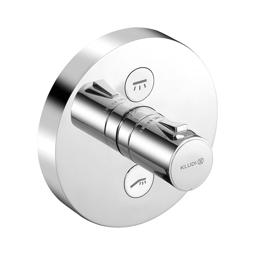 Robinet thermostatique encastré PUSH KLUDI avec bouton-poussoir pour 2 consommateurs, design rond chromé